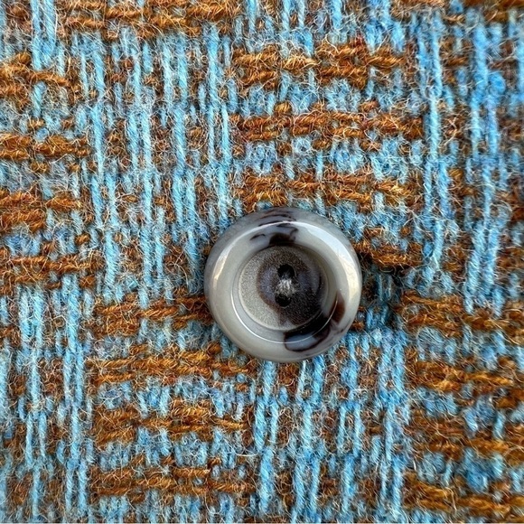 Vintage Checkerboard Plaid Tweed Double Breasted Wool Coat Blue Tan Satin Lined - Picture 9 of 16